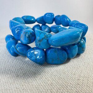 Blue Turquoise Chunky Stone Stretch Bracelet Set Boho Southwest